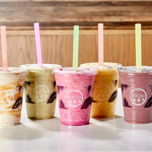 5 Surf Bar smoothies lined up on a table